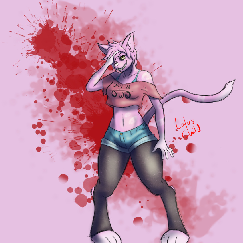 1:1 2019 anthro belly bottomwear clothed clothing crop_top digital_media_(artwork) domestic_cat felid feline felis female fur hair hi_res insane legwear looking_at_viewer lotuschild mammal midriff navel shirt shorts simple_background sin smile solo stockings teeth topwear