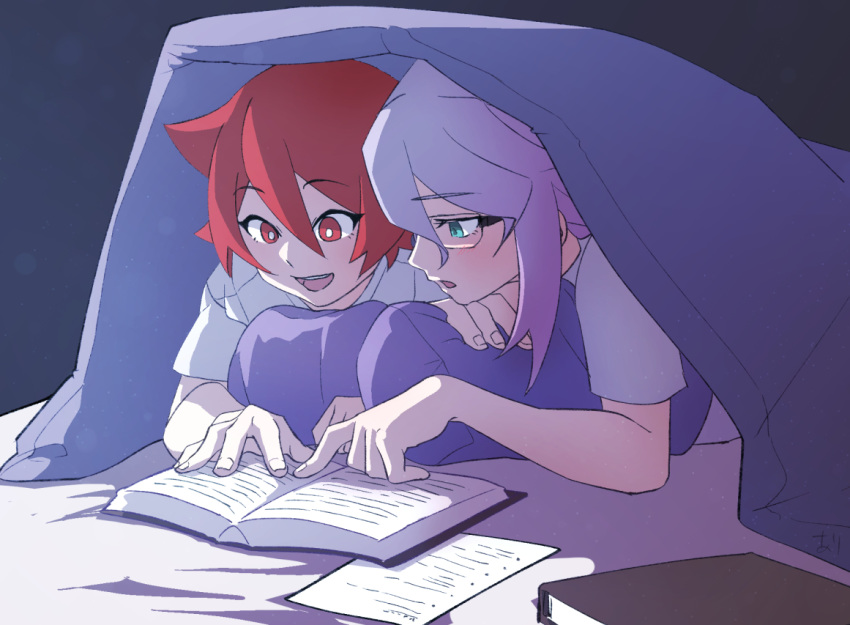 2girls alternate_costume black_background blanket blush book chariot_du_nord chihiri couple croix_meridies glasses green_eyes happy little_witch_academia looking_at_another lying medium_hair multiple_girls on_stomach open_mouth pillow purple_hair purple_pillow reading red_eyes red_hair school shirt short_hair simple_background smile ursula_charistes wavy_hair white_shirt younger yuri
