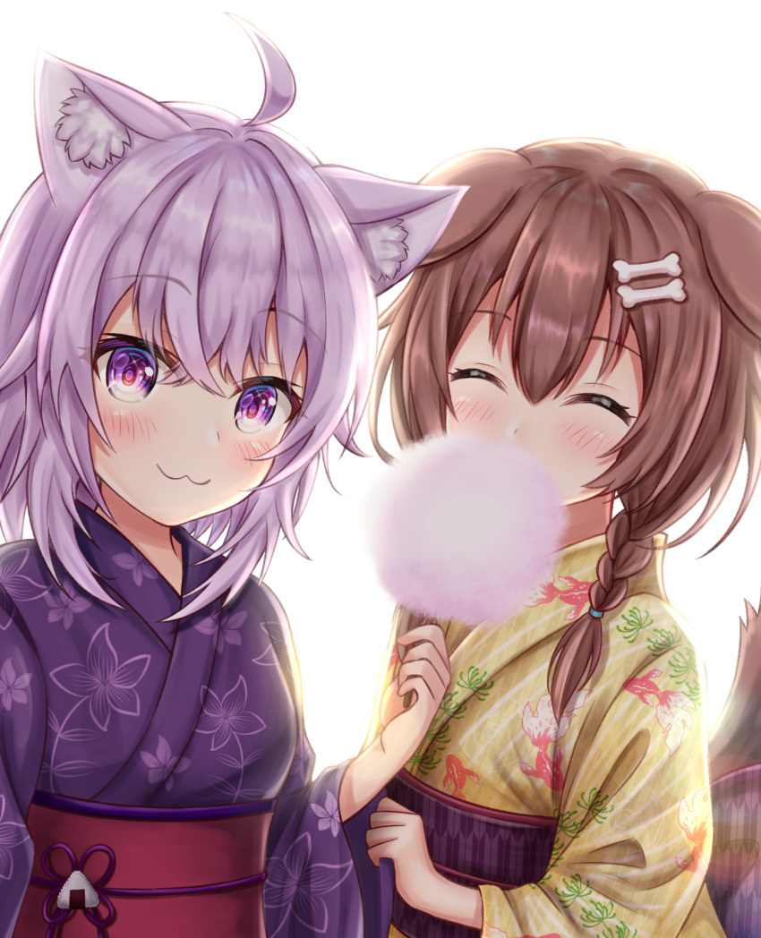 2girls :3 animal_ears blush bone_hair_ornament braid brown_hair cat_ears closed_eyes cotton_candy dog_ears dog_tail eating facing_viewer food highres holding holding_food hololive inugami_korone japanese_clothes kimono looking_at_viewer medium_hair multiple_girls namekuji_ojiichan nekomata_okayu obi onigiri purple_eyes purple_hair purple_kimono sash short_hair smile tail upper_body virtual_youtuber yellow_kimono yukata