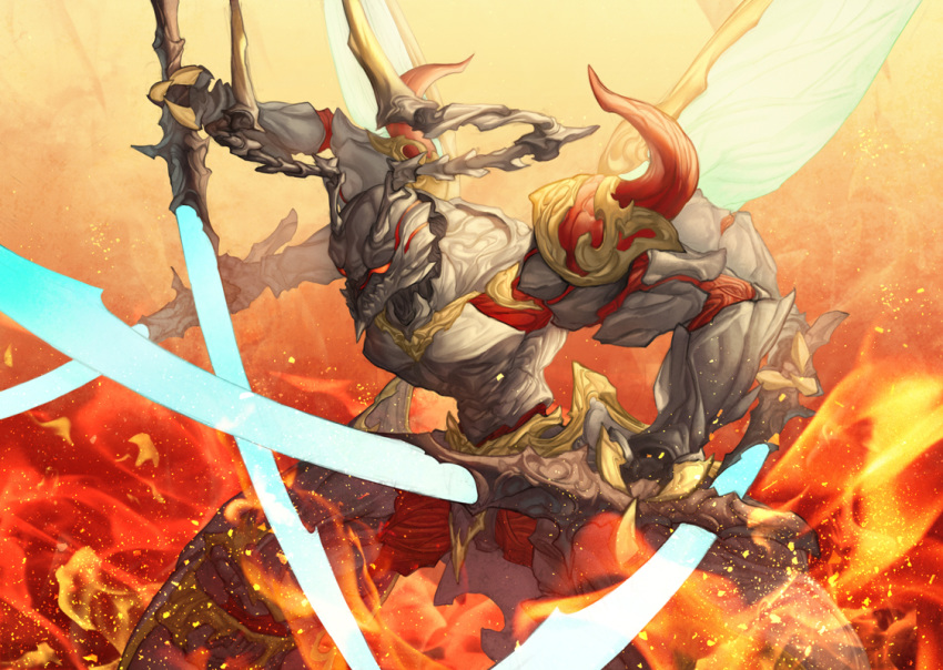 armor blade dual_wielding extra_arms final_fantasy final_fantasy_xiv fire grey_horns holding horns insect_wings mt_(ringofive) no_humans ravana_(final_fantasy) red_eyes solo standing wings