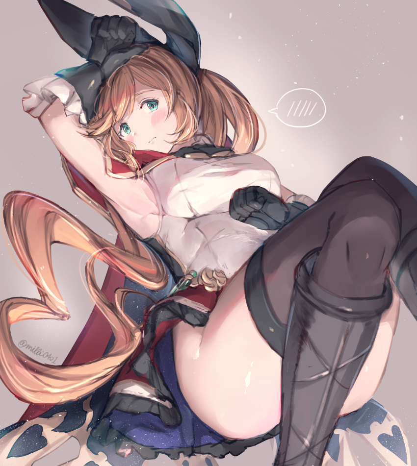 1girl arm_up armpits bangs bare_shoulders black_cape black_gloves black_ribbon blush boots breasts brown_hair brown_legwear cape clarisse_(granblue_fantasy) closed_mouth commentary_request elbow_gloves eyebrows_visible_through_hair frilled_gloves frilled_skirt frills gloves granblue_fantasy green_eyes grey_background grey_footwear hair_ribbon highres knee_boots long_hair looking_at_viewer lying medium_breasts milli_little multicolored multicolored_cape multicolored_clothes on_back red_cape red_skirt ribbon shirt skirt sleeveless sleeveless_shirt solo spoken_blush thighhighs twitter_username very_long_hair