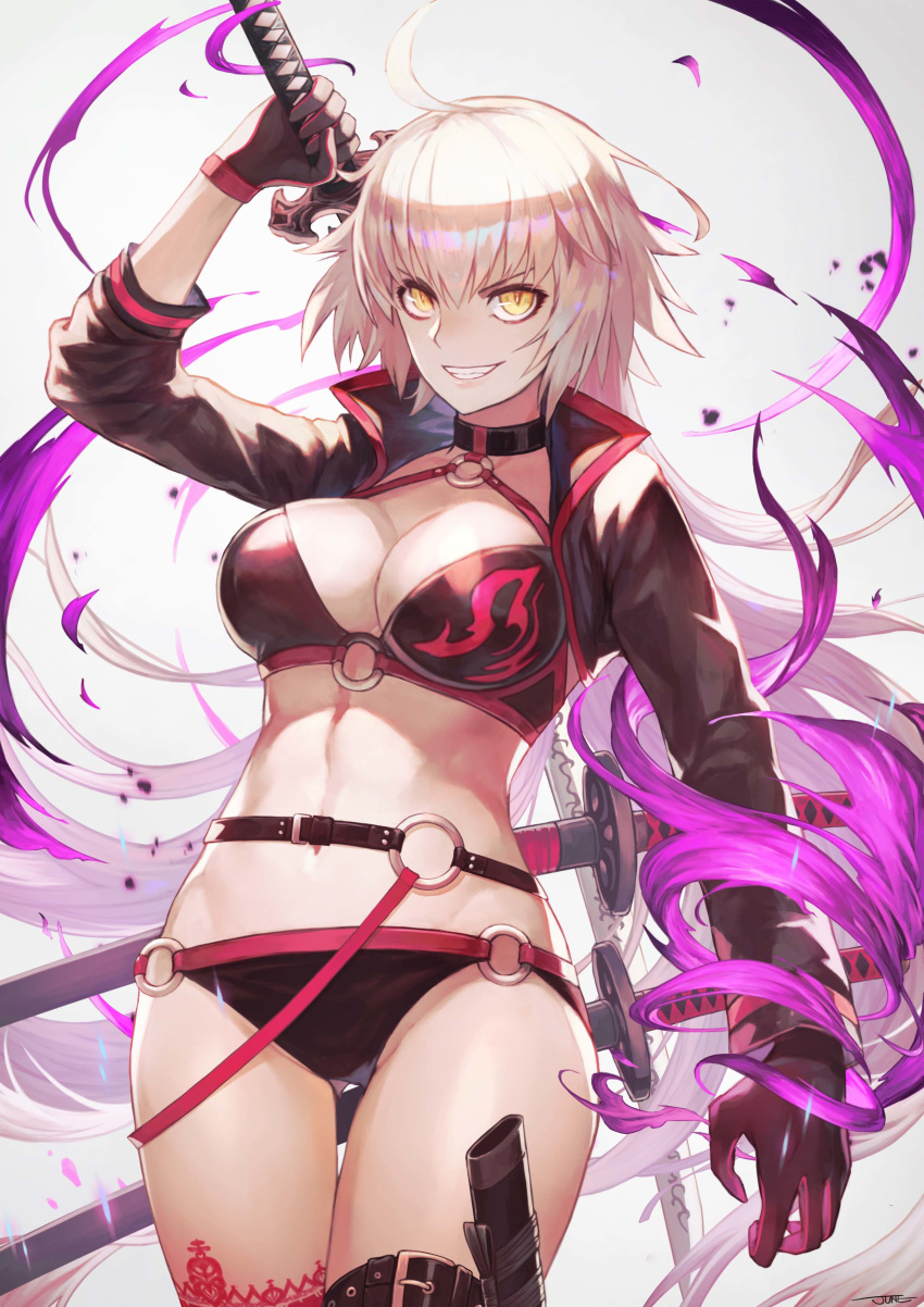 1girl absurdres ass_visible_through_thighs bangs bikini black_bikini black_gloves breasts cleavage collar collarbone cowboy_shot fate/grand_order fate_(series) floating_hair gloves grin highres holding holding_sword holding_weapon jeanne_d'arc_(alter_swimsuit_berserker) jeanne_d'arc_(fate)_(all) jun_wei large_breasts long_hair long_sleeves looking_at_viewer navel o-ring o-ring_bikini print_bikini_top shrug_(clothing) silver_hair smile solo standing swimsuit sword thigh_gap v-shaped_eyebrows very_long_hair weapon white_background yellow_eyes