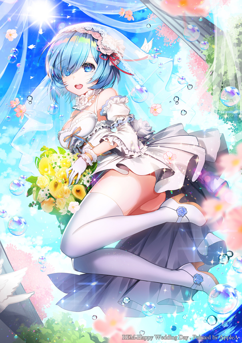 1girl apple_caramel artist_name bird blue_eyes blue_hair blue_sky blush bouquet breasts bubble calla_lily character_name cleavage commentary_request day detached_sleeves dove dress flower frills gloves hair_ornament hair_ribbon highres looking_at_viewer medium_breasts midair open_mouth outdoors photoshop_(medium) re:zero_kara_hajimeru_isekai_seikatsu rem_(re:zero) ribbon short_hair sky smile solo thighhighs tree veil wedding_dress white_gloves white_thighhighs yellow_flower