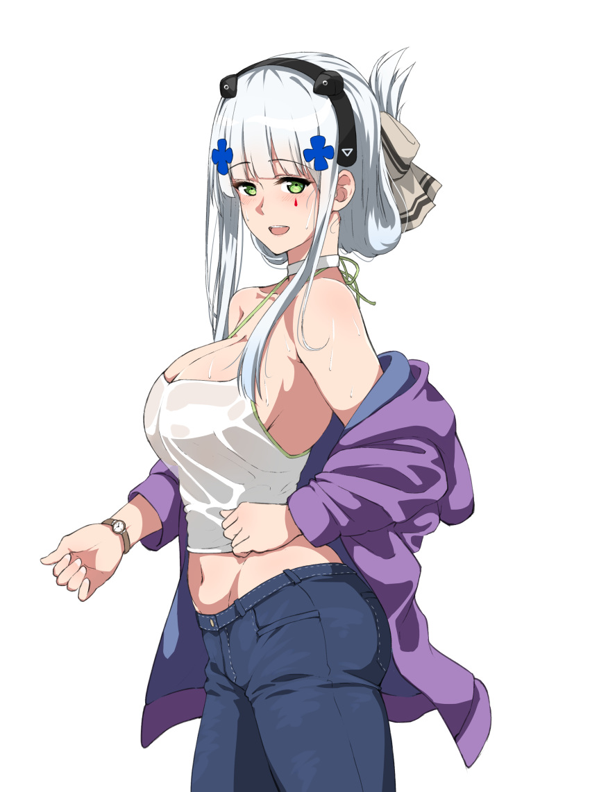 1girl absurdres alternate_costume alternate_hairstyle bangs bare_shoulders bishi_(bishi) bow breasts choker cleavage clothes_down collarbone denim folded_hair girls_frontline green_eyes hair_bow hair_ornament hairpin hand_on_hip headgear highres hk416_(girls_frontline) jacket jeans large_breasts looking_at_viewer midriff navel pants simple_background solo sweat tank_top watch white_background white_hair wristwatch
