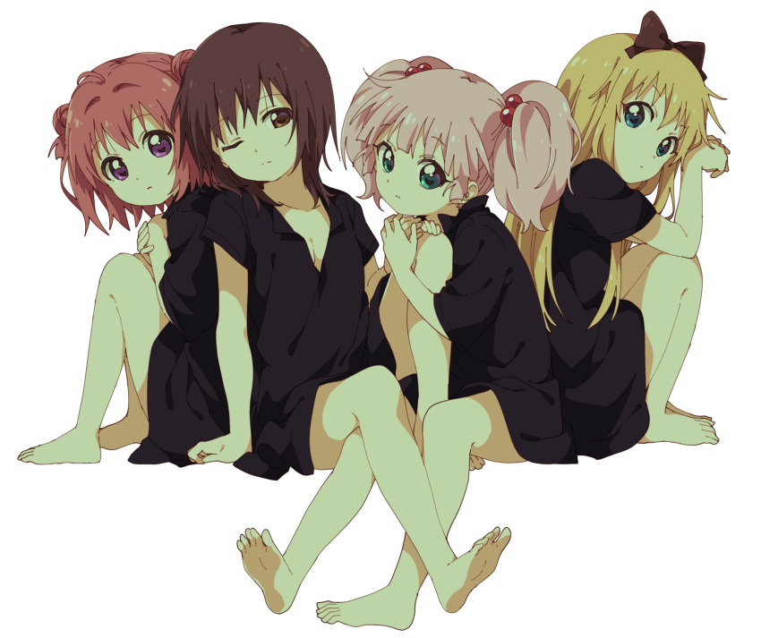 4girls ahoge arms_on_knees black_hair blonde_hair blue_eyes bow breasts brown_eyes brown_hair cleavage closed_mouth collared_shirt crossed_arms crossed_legs dot_nose double_bun expressionless eyebrows_visible_through_hair feet hair_bobbles hair_bow hair_ornament hand_on_another's_hand hand_on_another's_leg highres invisible_object leaning_on_person long_hair looking_at_viewer multiple_girls namori no_bra no_pants one_eye_closed pink_hair purple_eyes red_hair shirt short_hair short_sleeves simple_background squatting thighs toes white_background