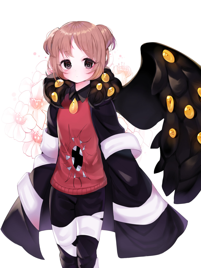 1girl absurdres bangs black_eyes black_jacket black_wings brown_hair commentary_request dot_nose eyebrows_visible_through_hair flower highres jacket lobotomy_corporation looking_at_viewer pale_skin pants red_shirt shirt short_hair single_wing solo two-tone_jacket two-tone_legwear user_gzwf2823 white_flower white_jacket wings