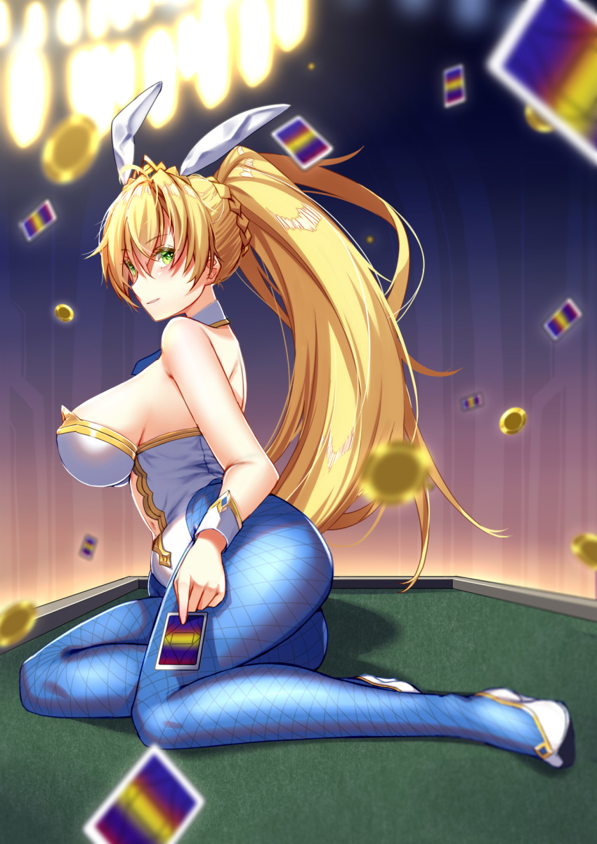 1girl animal_ears artoria_pendragon_(all) artoria_pendragon_(swimsuit_ruler)_(fate) blonde_hair blue_legwear braid breasts bunny_ears bunny_girl bunnysuit card detached_collar fake_animal_ears fate/grand_order fate_(series) fishnet_pantyhose fishnets french_braid green_eyes high_heels highres holding holding_card large_breasts leotard long_hair on_table pantyhose ponytail ryuuzouji_usagi sitting solo strapless strapless_leotard table white_footwear white_leotard wrist_cuffs