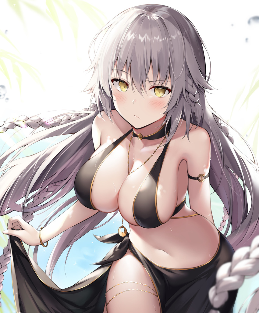 1girl absurdres ahoge ale_nqki bangs bare_shoulders bikini black_bikini blush bracelet braid breasts cleavage closed_mouth fate/grand_order fate_(series) heroic_spirit_festival_outfit highres jeanne_d'arc_(alter)_(fate) jeanne_d'arc_(fate)_(all) jewelry large_breasts long_hair looking_at_viewer necklace pale_skin sarong silver_hair solo sunlight swimsuit thighs very_long_hair yellow_eyes
