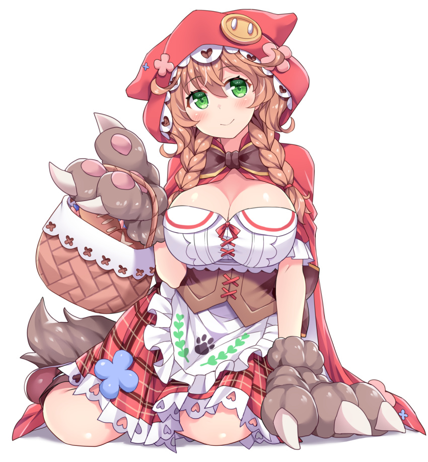 1girl breasts brown_hair cape cleavage dress gloves green_eyes hasu_(hk_works) highres hood hooded_cape large_breasts long_hair low_twin_braids nijisanji paw_gloves paws red_hood solo tail virtual_youtuber warabeda_meijii wolf_paws