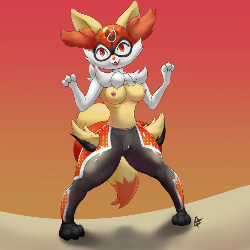 1:1 aeonspassed braixen breasts camel_toe canid canine clothed clothing digital_media_(artwork) female fur hi_res inner_ear_fluff mammal nintendo nipples open_mouth partially_clothed pok&eacute;mon pok&eacute;mon_(species) simple_background smile solo video_games
