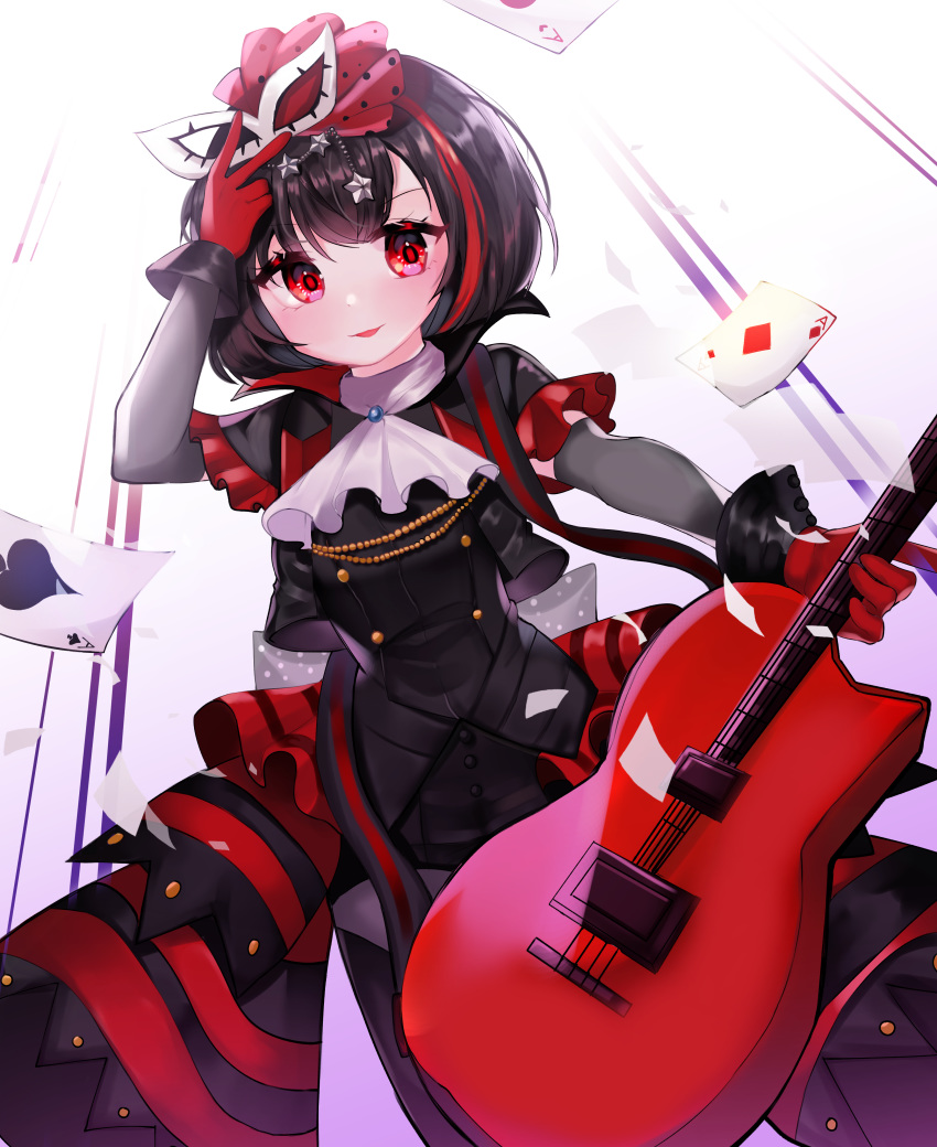 1girl absurdres amamiya_ren amamiya_ren_(cosplay) bang_dream! bangs black_dress black_hair bob_cut breasts card commentary_request cosplay dress eyebrows_visible_through_hair face_mask frills from_below guitar hair_between_eyes hair_ornament highres holding holding_instrument instrument looking_at_viewer mask mask_removed mitake_ran multicolored_hair persona persona_5 red_hair short_hair smile solo star streaked_hair user_gzwf2823