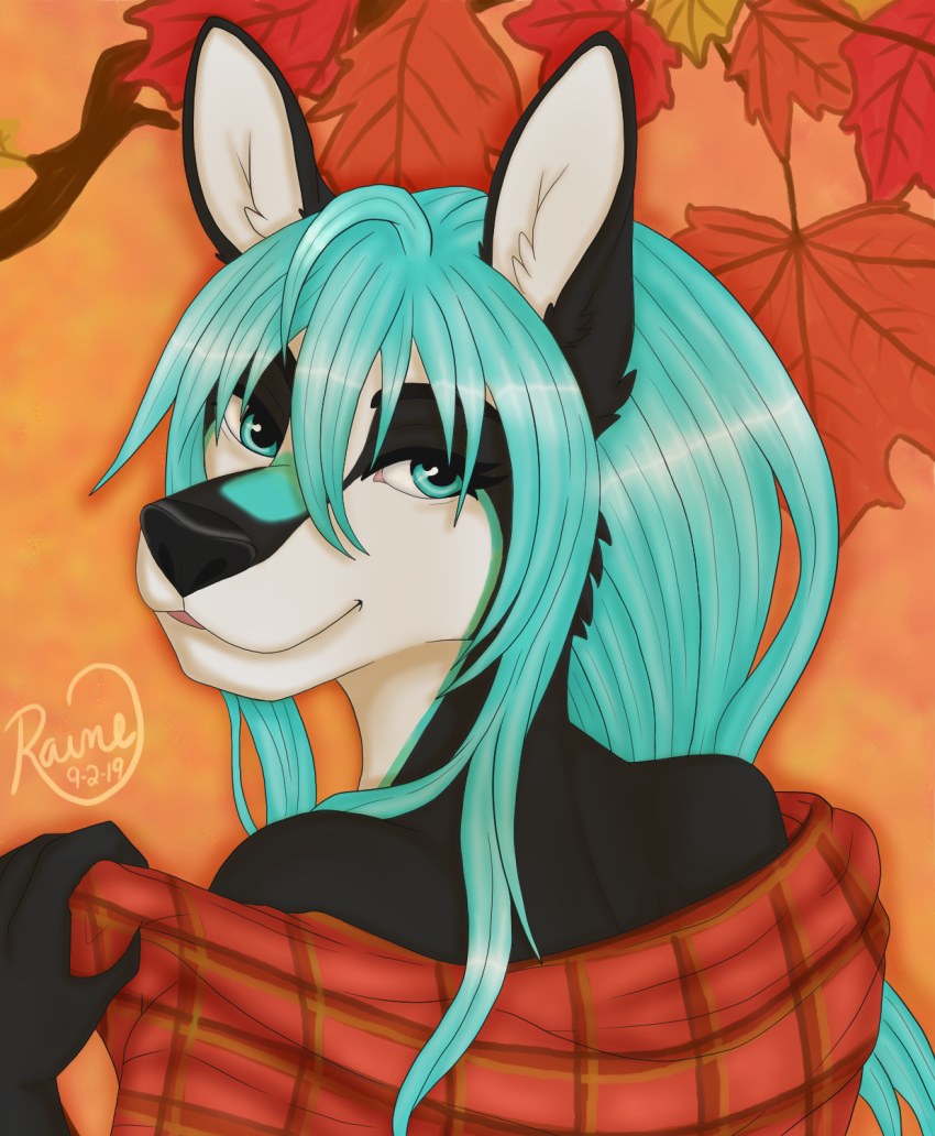 ambiguous_gender anthro bare_shoulders digital_media_(artwork) fall_(disambiguation) flannel_shirt hair head_shot hi_res invalid_color leaf long_hair miss_rain outside raine_kirijo simple_background smile solo teal_eyes teal_hair