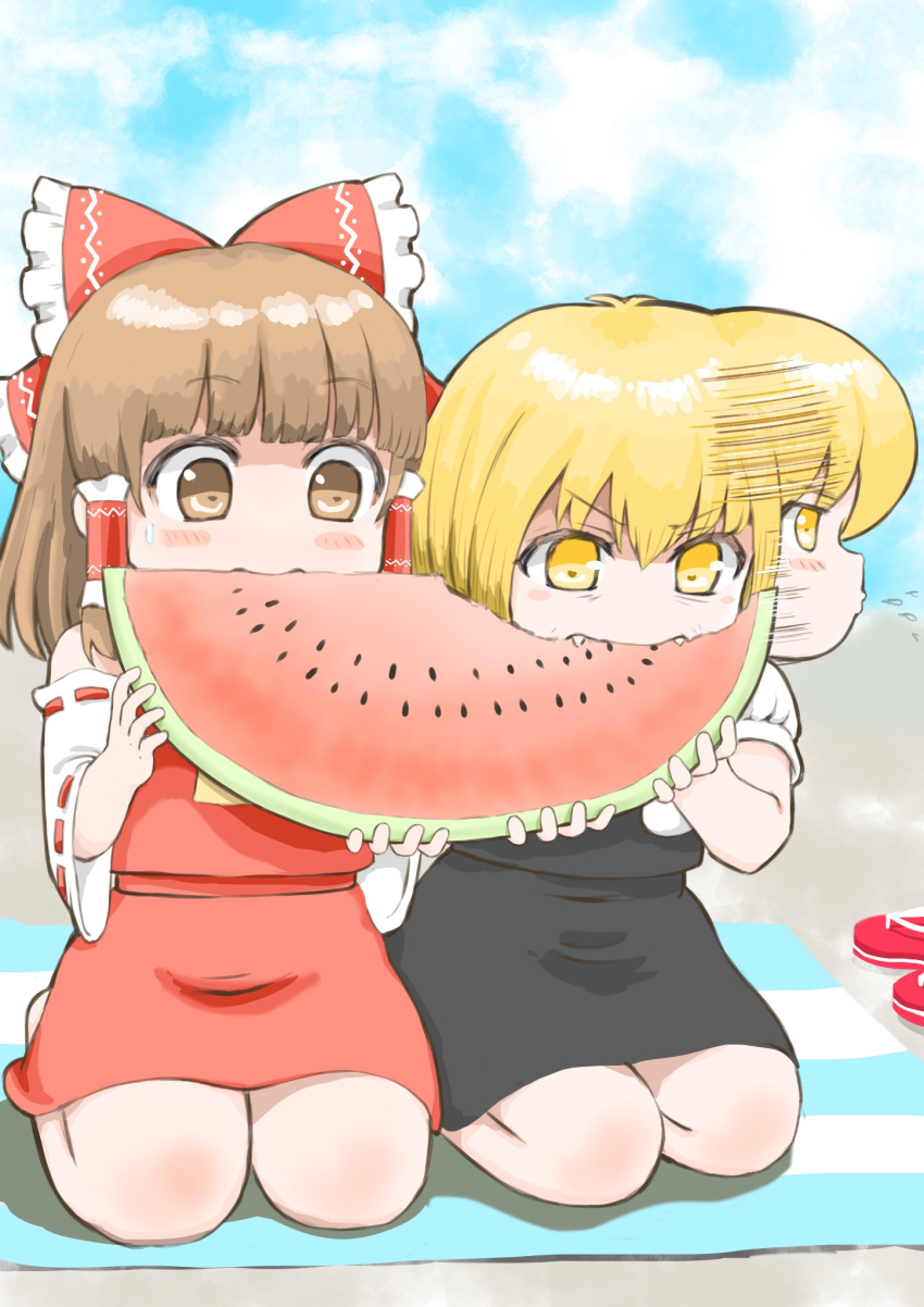 2girls afterimage black_skirt black_vest blanket blonde_hair blue_sky blush bosutonii bow brown_eyes brown_hair cloud commentary_request day detached_sleeves eating eyebrows_visible_through_hair fangs food fruit hair_between_eyes hair_bow hair_tubes hakurei_reimu highres holding holding_food kirisame_marisa looking_down medium_hair melon_slice motion_lines multiple_girls no_hat no_headwear outdoors puffy_short_sleeves puffy_sleeves red_skirt red_vest ribbon-trimmed_sleeves ribbon_trim sandals sandals_removed seiza shared_food shirt short_sleeves sitting skirt sky spitting sweatdrop touhou vest watermelon watermelon_seeds white_shirt yellow_eyes