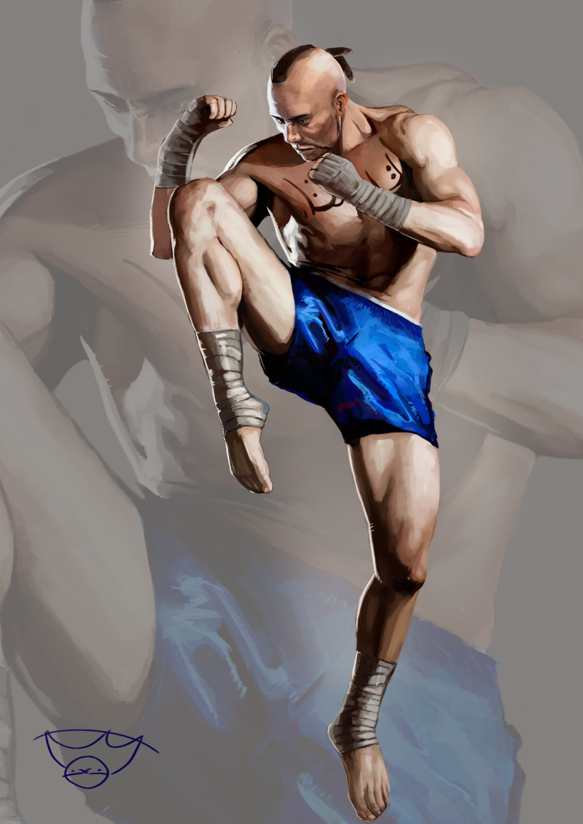 1boy absurdres arm_wrap aslothbeing barefoot blue_shorts bruce_irvin clenched_hand facial_hair highres leg_lift male_focus mohawk muay_thai shirtless shorts standing standing_on_one_leg tattoo tekken zoom_layer