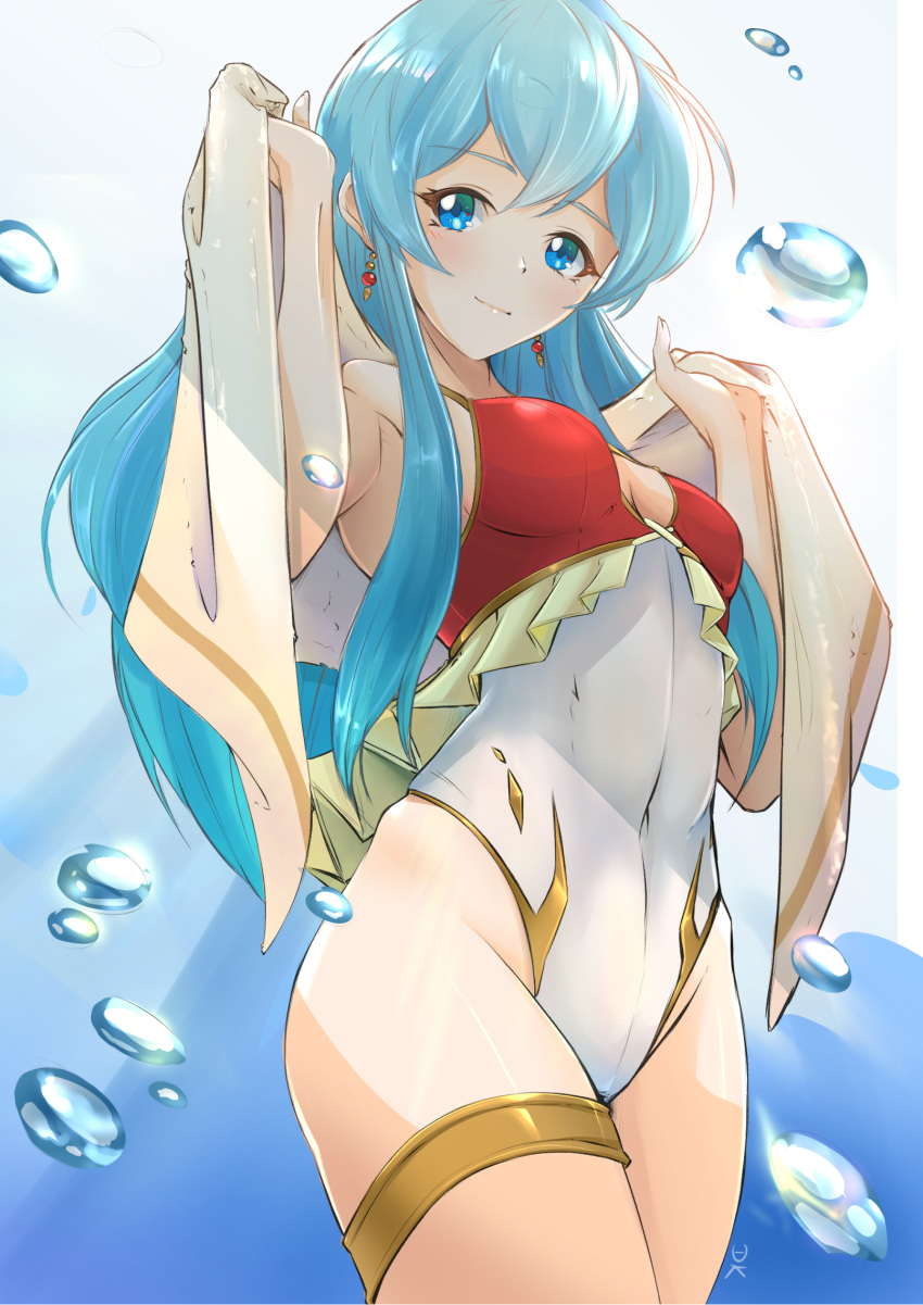 1girl aqua_hair blue_eyes closed_mouth deekei earrings eirika fire_emblem fire_emblem:_the_sacred_stones highres jewelry long_hair one-piece_swimsuit simple_background solo swimsuit towel