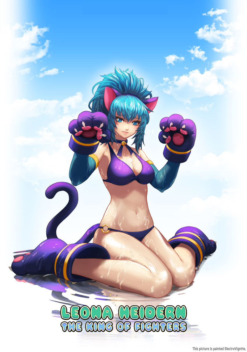 1girl animal_ears bikini blue_eyes blue_hair breasts brown_eyes cat_ears earrings embarrassed emmental_void gloves highres jewelry large_breasts leona_heidern long_hair looking_at_viewer midriff navel ponytail simple_background snk_heroines:_tag_team_frenzy solo swimsuit the_king_of_fighters white_background