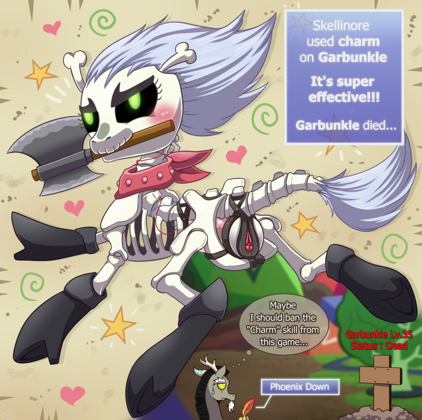 &lt;3 2019 animated_skeleton axe bone discord_(mlp) draconequus english_text equid feathers female friendship_is_magic grave green_eyes hi_res male mammal melee_weapon my_little_pony penetrable_sex_toy phoenix_down pussy sex_toy skeleton skellinore_(mlp) text undead vavacung weapon