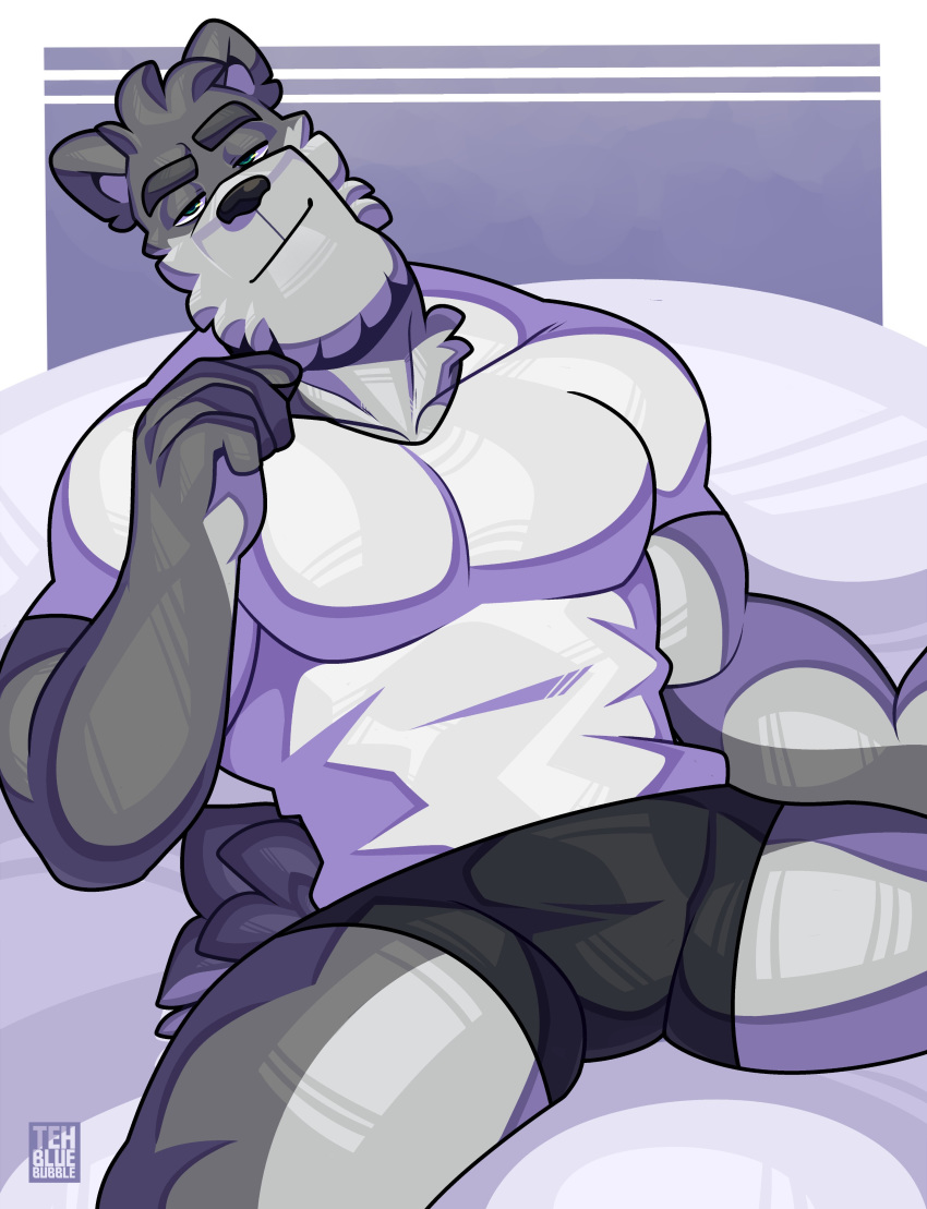 2019 5_fingers absurd_res anthro biceps black_clothing black_underwear boxer_briefs canid canine canis clothing fingers hi_res looking_at_viewer male mammal muscular muscular_male pecs shirt solo suggestive_look tehbluebubble tight_clothing topwear underwear wolf