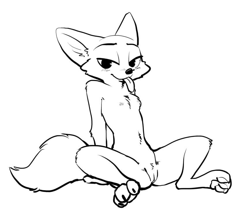 2019 anthro bedroom_eyes belly_tuft black_and_white blush breasts canid canine cheek_tuft chest_tuft claws crotch_tuft disney elbow_tufts female fox fuel_(artist) half-closed_eyes knee_tuft looking_at_viewer mammal monochrome nude pawpads pussy seductive shoulder_tuft simple_background sitting skye_(zootopia) small_breasts smile solo spread_legs spreading toe_claws tongue tongue_out tuft white_background zootopia