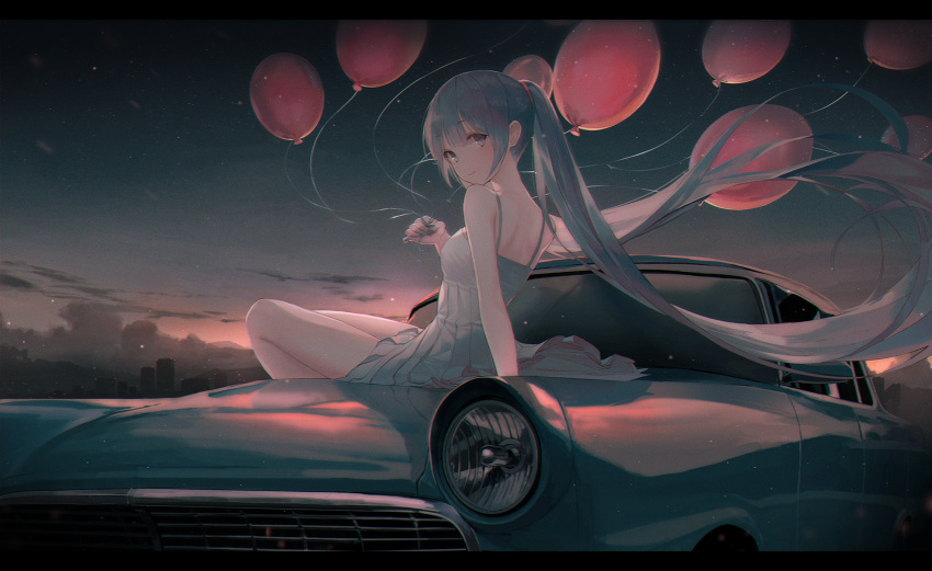 1girl aqua_eyes back balloon bangs bare_legs bare_thighs blue_hair breasts car city city_lights cityscape classic clear_sky cloud commentary dress evening eyebrows_visible_through_hair floating_hair frilled_dress frills grill ground_vehicle hair_ornament hair_ribbon hand_on_car happy hatsune_miku head_tilt headlight highres holding holding_balloon leaning_back long_hair looking_at_viewer medium_breasts motor_vehicle outdoors red_ribbon ribbon scenery seol shoulders sitting sitting_on_car sky skyline smile solo star_(sky) starry_sky thighs twintails very_long_hair vocaloid white_dress