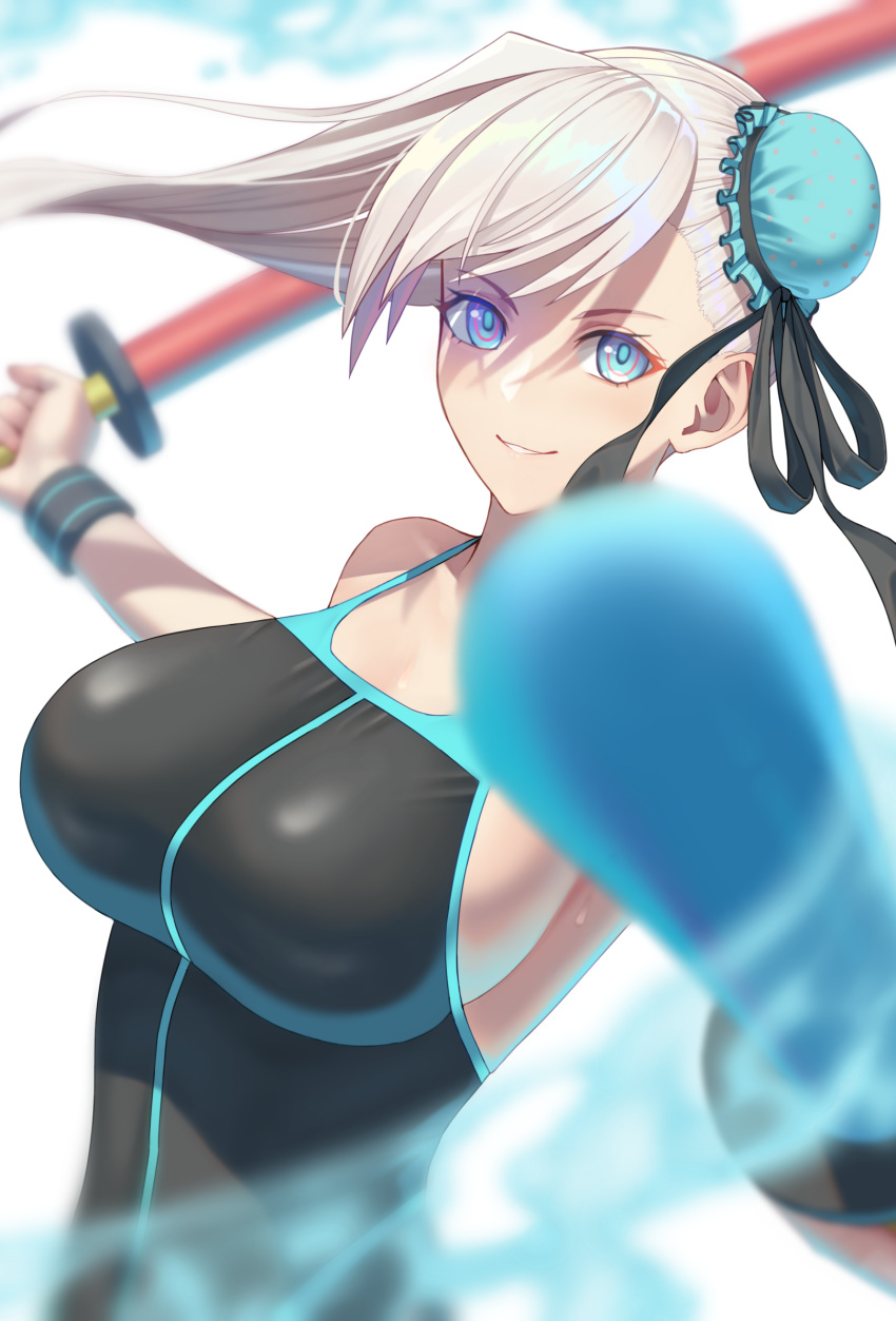 1girl asymmetrical_hair bangs bare_shoulders black_ribbon black_swimsuit black_wristband blue_eyes blue_swimsuit blush breasts bun_cover competition_swimsuit fate/grand_order fate_(series) hair_bun hair_ribbon highres large_breasts long_hair looking_at_viewer miyamoto_musashi_(fate/grand_order) miyamoto_musashi_(swimsuit_berserker)_(fate) one-piece_swimsuit parted_lips ribbon smile solo swept_bangs swimsuit takehisa_tomoe toy_sword two-tone_swimsuit