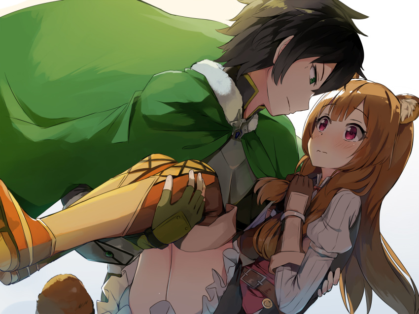 1boy 1girl animal_ear_fluff animal_ears beige_background belt belt_buckle black_hair black_skirt blush boots breastplate brown_belt brown_footwear brown_gloves brown_hair brown_legwear buckle cape carrying closed_mouth commentary_request eye_contact gloves green_cape green_eyes grey_background highres iwatani_naofumi juliet_sleeves long_hair long_sleeves looking_at_another princess_carry profile puffy_sleeves raccoon_ears raccoon_girl raccoon_tail raphtalia red_eyes seneto shirt skirt tail tate_no_yuusha_no_nariagari thigh_boots thighhighs very_long_hair wavy_mouth white_background white_shirt