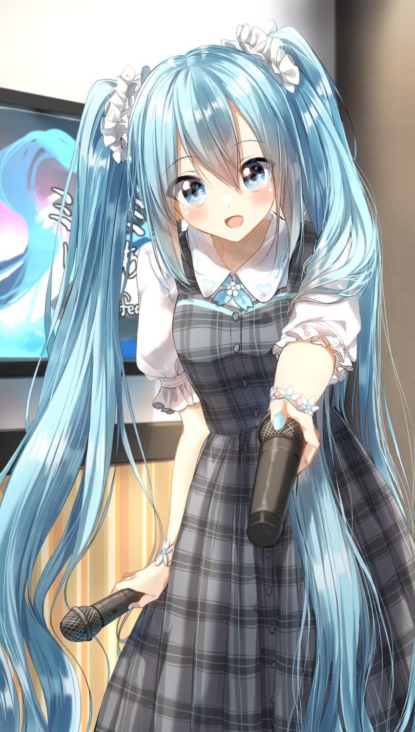 1girl :d bangs blue_eyes blue_hair blush collared_shirt commentary_request dress eyebrows_visible_through_hair flat_screen_tv grey_dress hair_between_eyes hair_ornament hair_scrunchie hatsune_miku highres holding holding_microphone indoors leaning_forward long_hair looking_at_viewer microphone open_mouth pentagon_(railgun_ky1206) plaid plaid_dress puffy_short_sleeves puffy_sleeves scrunchie shirt short_sleeves sidelocks sleeveless sleeveless_dress smile solo standing television twintails very_long_hair vocaloid white_scrunchie white_shirt