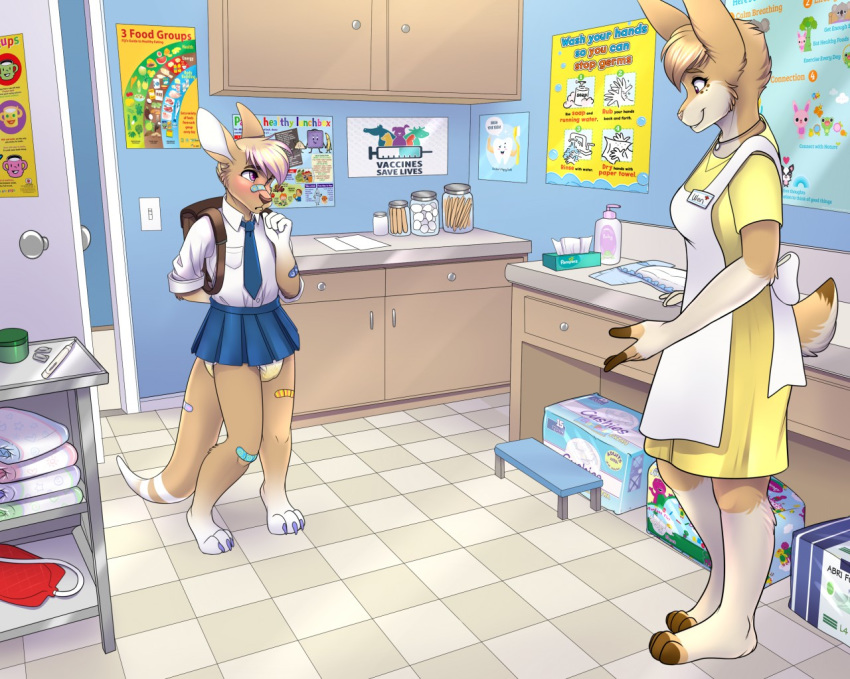 age_difference anthro band-aid bandage blush bottomwear clothed clothing crossdressing diaper diaper_package embarrassed female kangaroo lagomorph larger_female leporid macropod male mammal marsupial medical rabbit school school_uniform size_difference skirt uniform wen younger_male