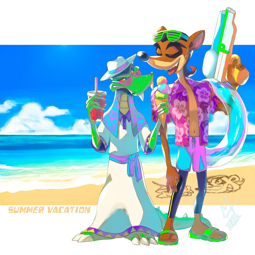 1:1 2019 activision anthro barefoot beach beverage black_hair blue_eyes bottomwear claws clothed clothing cloud crash_bandicoot_(series) dessert detailed english_text eyewear fangs food footwear fur glasses hair hat headgear headwear hi_res ice_cream ice_cream_cone inner_tube komodo_dragon komodo_joe lizard m5mona macropod male mammal marsupial monitor_lizard navel open_mouth outside pinstripe_potoroo potoroo reptile rodent sand sandals scalie sea seaside sharp_claws sharp_teeth shirt shorts smile standing straw summer teeth text toe_claws tongue tongue_out topwear video_games water water_gun