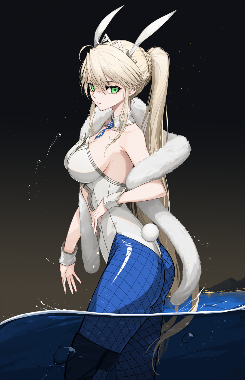 1girl absurdres akai2930 animal_ears artoria_pendragon_(all) artoria_pendragon_(swimsuit_ruler)_(fate) blonde_hair braid breasts bunny_ears bunnysuit commentary_request detached_collar expressionless eyebrows_visible_through_hair fake_animal_ears fate/grand_order fate_(series) feather_boa fishnets french_braid green_eyes highres large_breasts leotard looking_at_viewer night night_sky partially_submerged ponytail saber sky wrist_cuffs