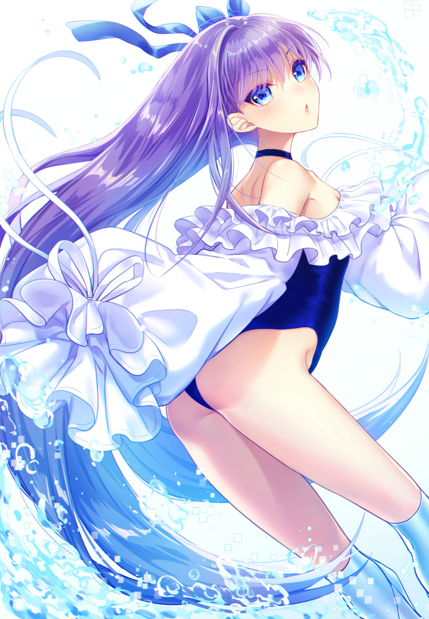 1girl absurdres ass bangs bare_shoulders blue_eyes blue_ribbon blue_swimsuit blush breasts fate/grand_order fate_(series) frills hair_between_eyes hair_ribbon highleg highleg_swimsuit highres itsuki_jun long_hair looking_at_viewer meltryllis meltryllis_(swimsuit_lancer)_(fate) one-piece_swimsuit open_mouth puffy_sleeves purple_hair ribbon sleeves_past_fingers sleeves_past_wrists small_breasts solo swimsuit thighs very_long_hair water white_background