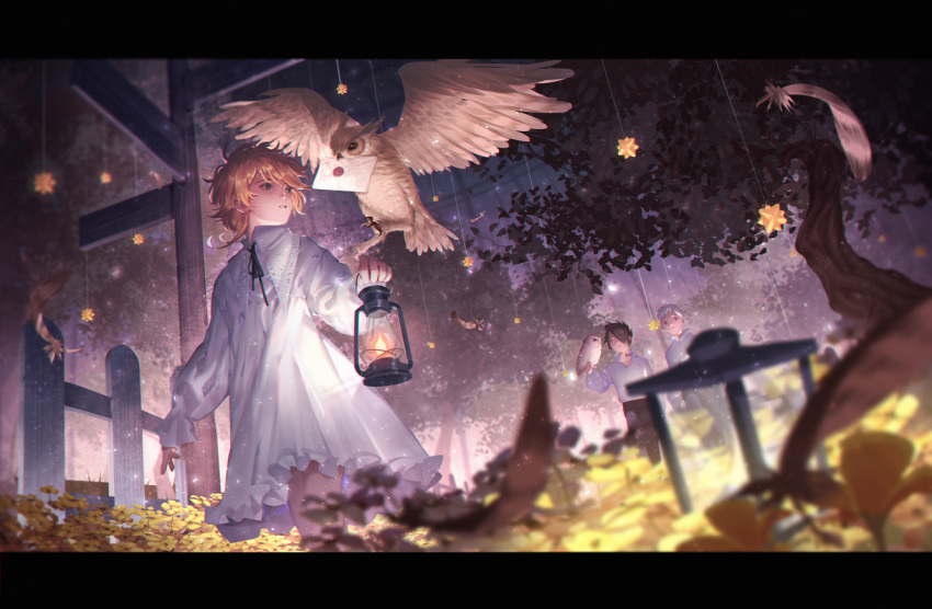 1girl 2boys arm_at_side bangs beak_hold bird bird_on_hand black_hair black_neckwear black_pants black_ribbon blurry collared_shirt commentary depth_of_field dress dutch_angle emma_(yakusoku_no_neverland) envelope feathers fence flat_chest frilled_dress frills hair_over_one_eye j_315_(jean) lace lamp letterboxed long_sleeves looking_at_another looking_at_viewer looking_to_the_side multiple_boys neck_ribbon neck_tattoo norman_(yakusoku_no_neverland) number orange_hair outstretched_arm owl pajamas pants parted_lips plant polo_shirt ray_(yakusoku_no_neverland) ribbon road_sign shirt short_hair sign standing star string swept_bangs tattoo tree walking white_dress wooden_fence yakusoku_no_neverland