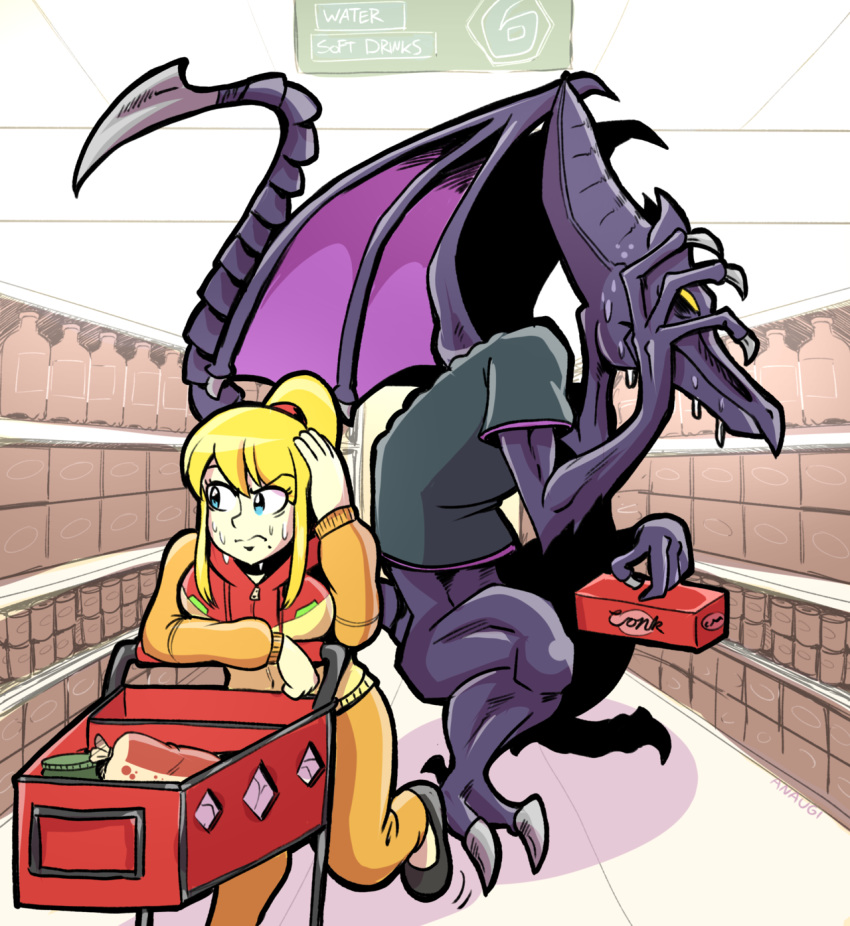 1girl alien alternate_costume anaugi awkward blonde_hair blue_eyes claws covering_face embarrassed english_text groceries highres hood hoodie looking_away metroid pants ponytail ridley samus_aran shirt shopping_cart supermarket sweat t-shirt track_pants