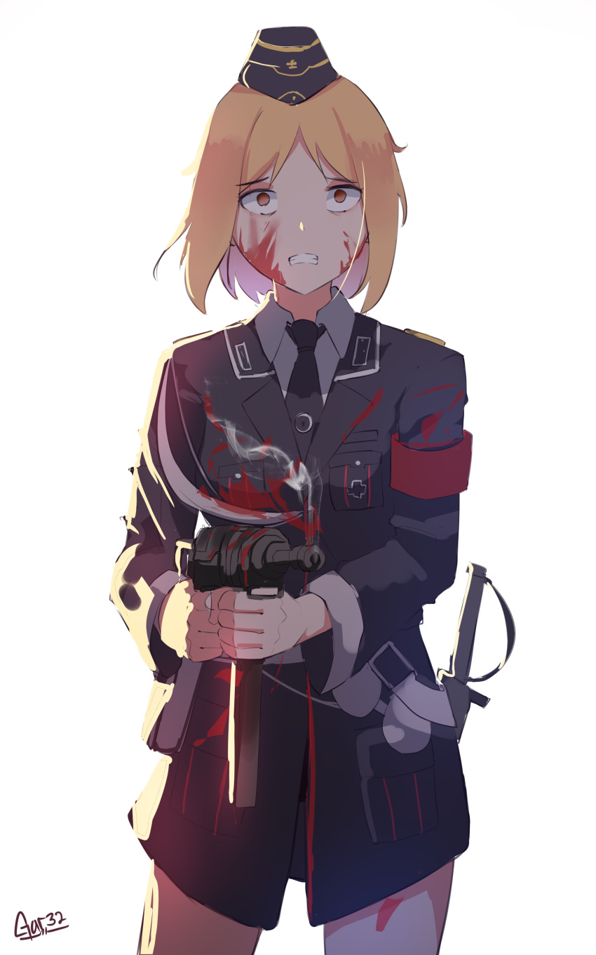 1girl absurdres armband black_headwear black_jacket black_neckwear blonde_hair blood blood_on_face bloody_clothes breasts brown_hair clenched_teeth collared_shirt commentary cowboy_shot garrison_cap girls_frontline gun hat highres holding holding_gun holding_weapon iron_cross jacket long_sleeves mini_hat mp40 mp40_(girls_frontline) necktie object_namesake shirt short_hair signature simple_background small_breasts smoke solo submachine_gun teeth tegar32 weapon white_background white_shirt wide-eyed