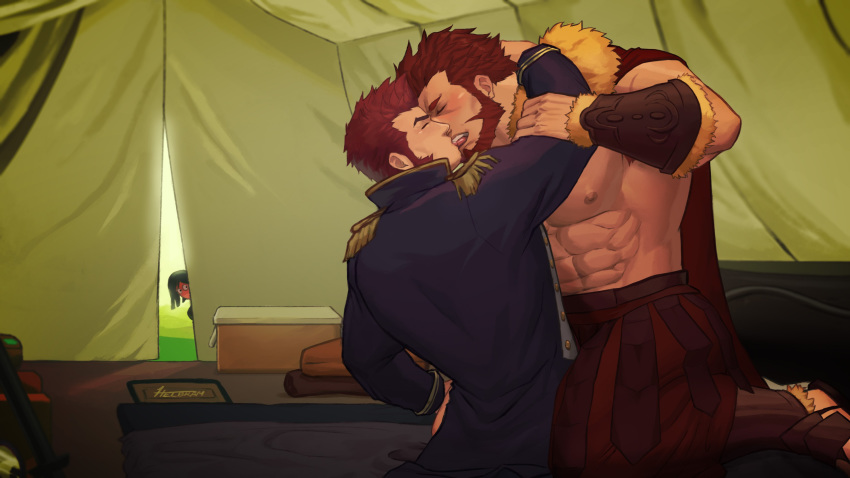 abs absurdres bara beard blush body_hair brown_hair cape chest closed_eyes epaulettes facial_hair fate/grand_order fate_(series) french_kiss green_hair hand_around_neck hand_on_another's_arm hand_on_another's_thigh highres kiss long_sleeves male_focus manly military military_uniform muscle napoleon_bonaparte_(fate/grand_order) nipples pants pectorals red_hair rider_(fate/zero) sandals skirt tent tongue tongue_out topless uniform waver_velvet weapon whyhelbram yaoi