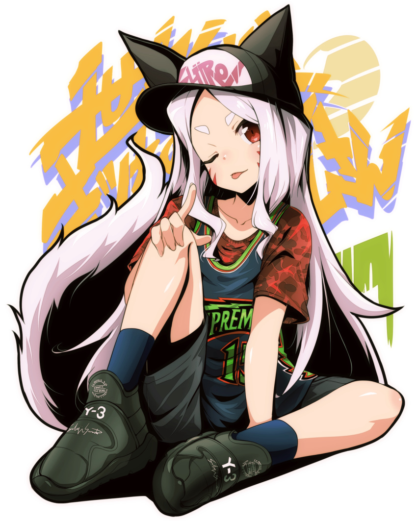 1girl :p ;p baseball_cap black_footwear black_legwear closed_mouth clothes_writing collarbone commentary_request facial_mark fingernails fox_hat fox_tail hand_on_own_knee hat head_tilt highres lavender_hair long_hair looking_at_viewer number one_eye_closed red_eyes red_shirt sewayaki_kitsune_no_senko-san shiro_(sewayaki_kitsune_no_senko-san) shirt shoes short_sleeves shorts sitting socks solo tail tank_top thick_eyebrows tom_(drpow) tongue tongue_out very_long_hair white_background