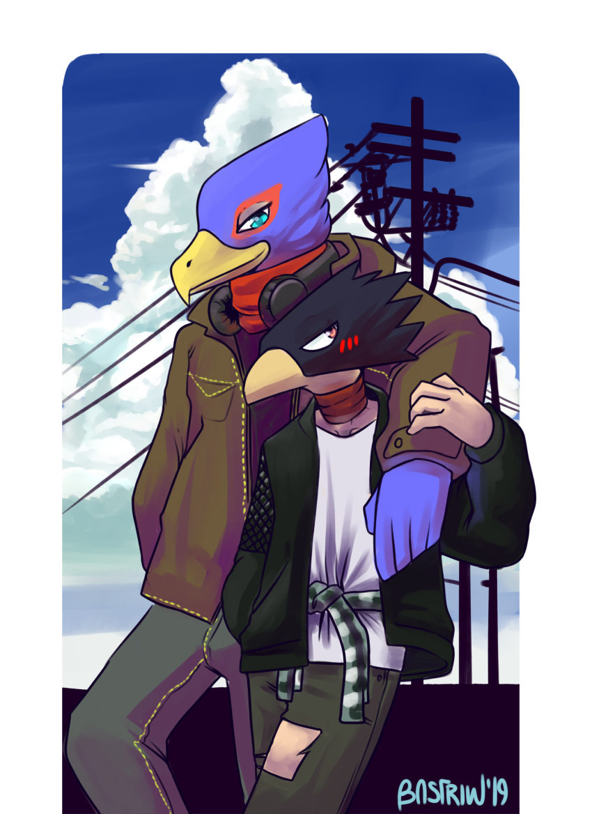 2019 animal_head anthro avian bastriw_(artist) bird bnha boku_no_hero canid digital_media_(artwork) falco_lombardi for_a_head fumikage_tokoyami hi_res human humanoid hybrid love male mammal my_hero_academia nintendo simple_background smile star_fox video_games