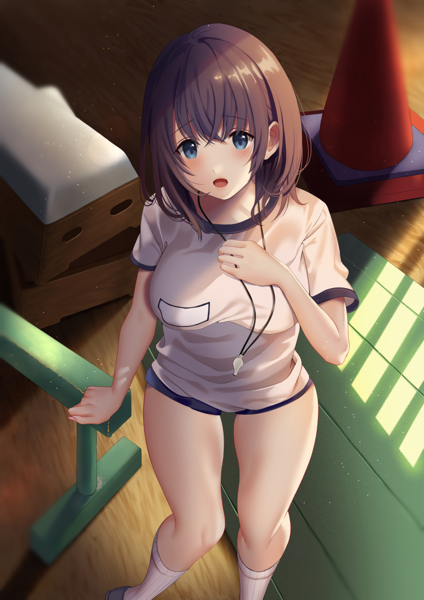 1girl absurdres bangs blue_eyes blush breasts buruma collarbone eyebrows_visible_through_hair gym_storeroom gym_uniform hair_between_eyes highres indoors inushima large_breasts light_particles looking_at_viewer open_mouth original purple_hair sidelocks socks solo thighs vaulting_horse whistle whistle_around_neck white_legwear