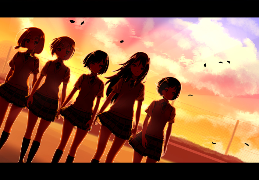 5girls afterglow aoba_moca araburu_kisetsu_no_otome-domo_yo. backlighting bang_dream! bangs black_hair black_legwear black_neckwear blush breasts brown_eyes brown_hair chain-link_fence closed_mouth cloud cloudy_sky collared_shirt eyebrows_visible_through_hair fence grey_skirt hair_between_eyes haneoka_school_uniform hazawa_tsugumi kneehighs letterboxed long_hair mitake_ran multicolored_hair multiple_girls necktie outdoors parody petals pleated_skirt red_hair school_uniform shipii_(jigglypuff) shirt skirt sky small_breasts streaked_hair sunset sweater_vest udagawa_tomoe uehara_himari very_long_hair white_shirt