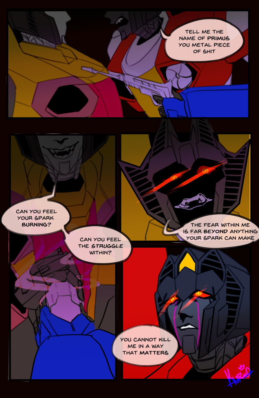 2019 absurd_res aircraft alien bodily_fluids colored_tears comic crying cybertronian decepticon dialogue digital_media_(artwork) duo english_text fingers frown gun hi_res holding_object holding_weapon humanoid kurxo living_aircraft living_machine looking_at_viewer machine male nightmare_fuel not_furry open_mouth ranged_weapon red_eyes robot seeker_(transformers) sharp_teeth simple_background smile speech_bubble standing starscream sunstorm tears teeth text transformers unusual_tears weapon