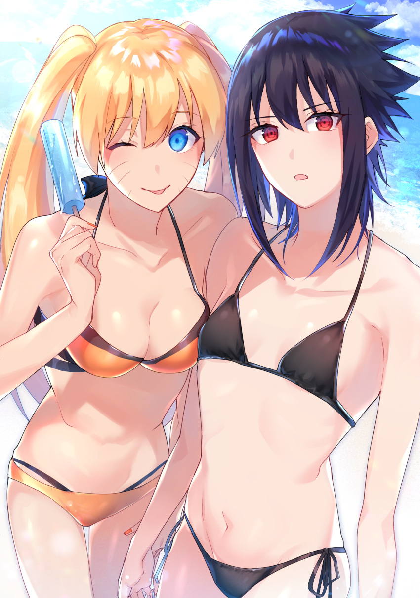 2girls ;p absurdres bangs betti_(maron) bikini black_bikini black_hair blonde_hair blue_eyes breasts cleavage facial_mark food genderswap genderswap_(mtf) groin highres long_hair looking_at_viewer multiple_girls naruko naruto naruto_(series) navel no_navel one_eye_closed orange_bikini orange_nails popsicle purple_nails red_eyes smile swimsuit tongue tongue_out twintails uchiha_sasuke uzumaki_naruto