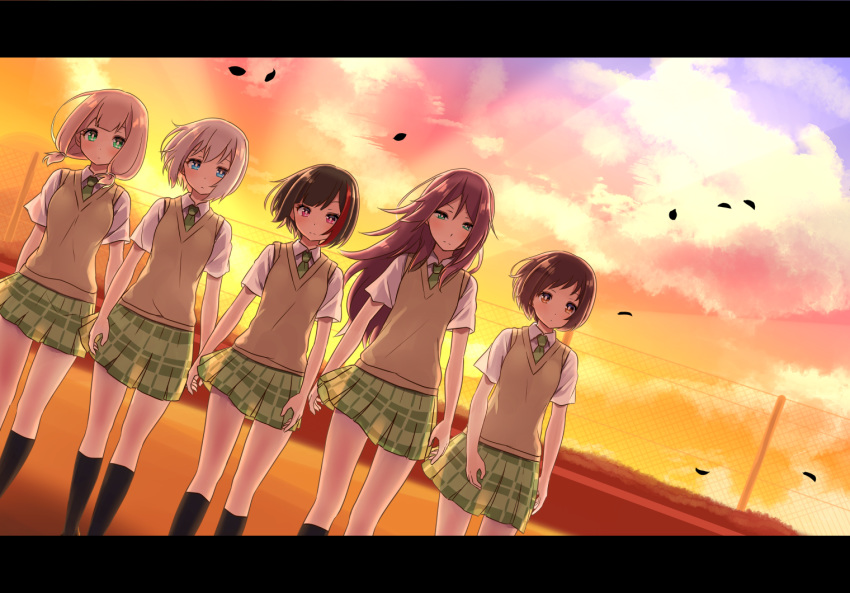 5girls afterglow aoba_moca araburu_kisetsu_no_otome-domo_yo. bang_dream! bangs black_hair black_legwear blue_eyes blush breasts brown_eyes brown_hair chain-link_fence closed_mouth cloud cloudy_sky collared_shirt commentary_request eyebrows_visible_through_hair fence green_eyes green_neckwear green_skirt hair_between_eyes haneoka_school_uniform hazawa_tsugumi kneehighs letterboxed long_hair mitake_ran multicolored_hair multiple_girls necktie outdoors parody petals pink_hair pleated_skirt purple_eyes red_hair school_uniform shipii_(jigglypuff) shirt silver_hair skirt sky small_breasts streaked_hair sunset sweater_vest udagawa_tomoe uehara_himari very_long_hair white_shirt