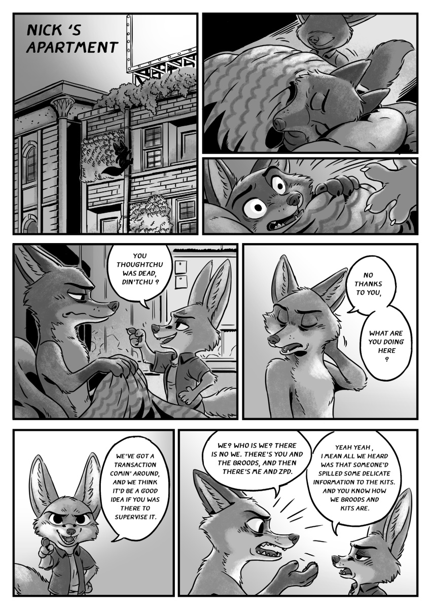 2019 black_and_white canid canine clothing dialogue disney english_text finnick fox hi_res judy_hopps kit-ray-live lagomorph leporid mammal monochrome nick_wilde rabbit text zootopia