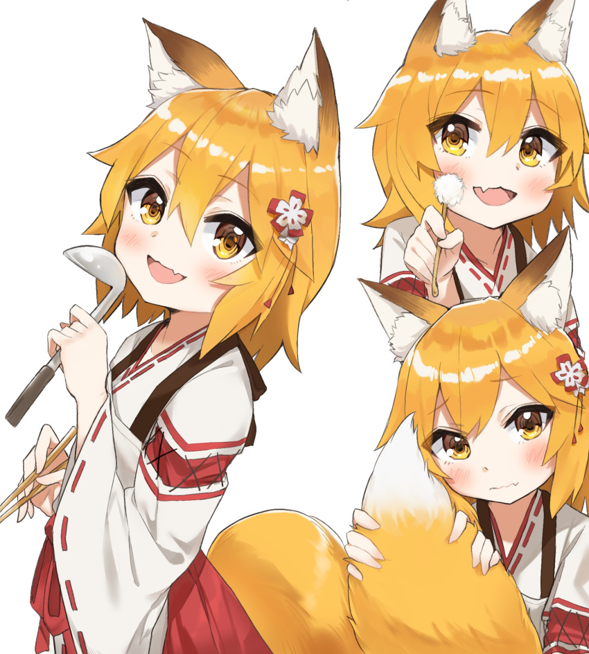 1girl :d animal_ear_fluff animal_ears applepie_(12711019) blush chopsticks closed_mouth commentary_request eyebrows_visible_through_hair fang fox_ears fox_tail hair_between_eyes hakama head_tilt highres holding holding_chopsticks holding_ladle holding_tail japanese_clothes ladle long_sleeves looking_at_viewer mimikaki multiple_views open_mouth red_hakama ribbon-trimmed_sleeves ribbon_trim senko_(sewayaki_kitsune_no_senko-san) sewayaki_kitsune_no_senko-san simple_background skin_fang smile tail wavy_mouth white_background yellow_eyes