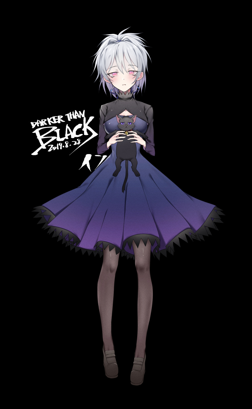 1girl absurdres bangs black_background black_legwear breasts cat chen_yan commentary_request copyright_name darker_than_black dated dress eyebrows_visible_through_hair full_body grey_ahir hair_between_eyes highres holding holding_cat large_breasts looking_at_viewer pantyhose pink_eyes purple_dress short_hair solo