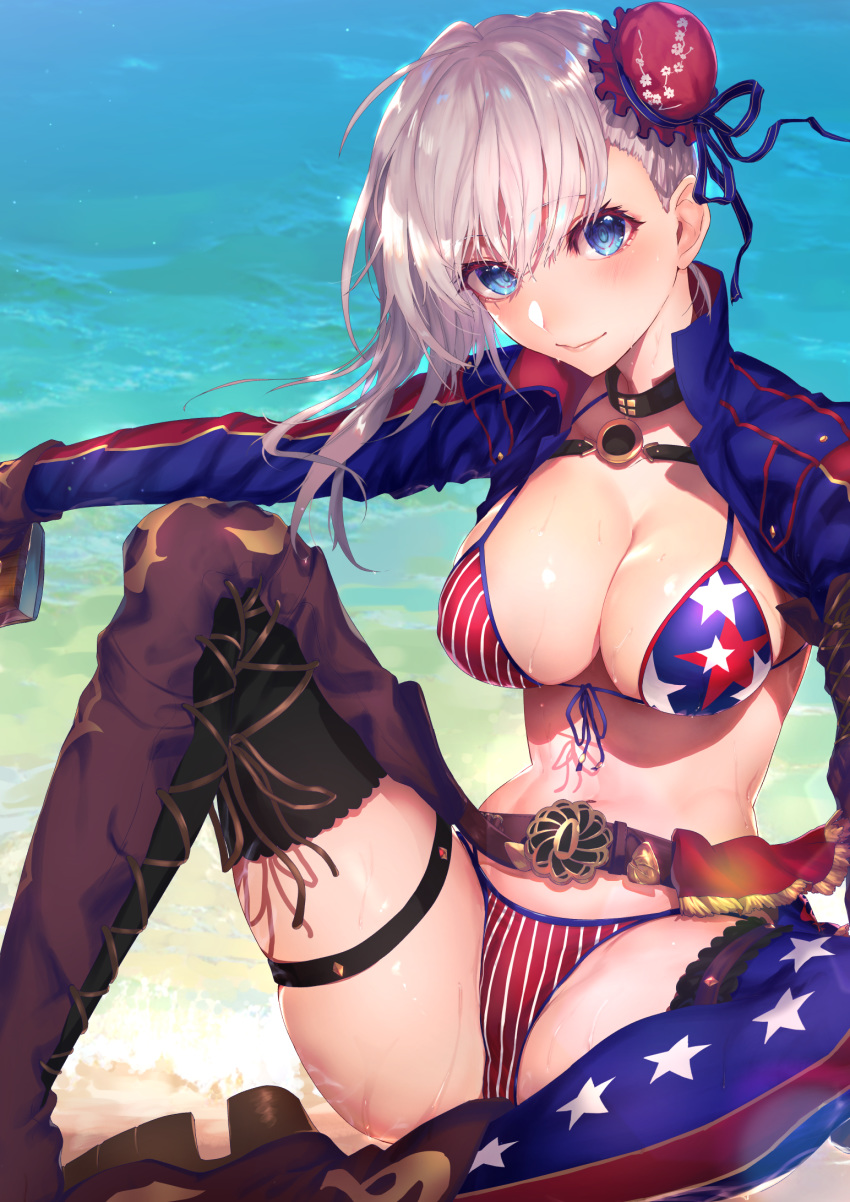 1girl american_flag_bikini asymmetrical_hair bangs beach belt bikini blue_eyes blue_jacket blue_sky blush breasts brown_gloves buckle bun_cover cleavage cloud collarbone commentary_request cowboy_shot day elbow_gloves fate/grand_order fate_(series) flag_print gloves hair_bun highres jacket large_breasts long_hair looking_at_viewer miyamoto_musashi_(fate/grand_order) miyamoto_musashi_(swimsuit_berserker)_(fate) navel nijimaarc ocean open_mouth outdoors pink_hair shrug_(clothing) single_elbow_glove sky smile solo swept_bangs swimsuit toned