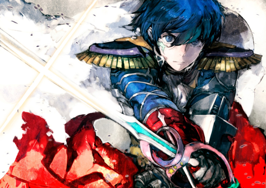 1boy aoi_itsuki black_gloves blue_eyes blue_hair cape closed_eyes determined diffraction_spikes epaulettes facial_tattoo gen'ei_ibunroku_sharp_fe gloves highres holding holding_weapon looking_at_viewer male_focus official_art solo sword tattoo textless toi8 weapon