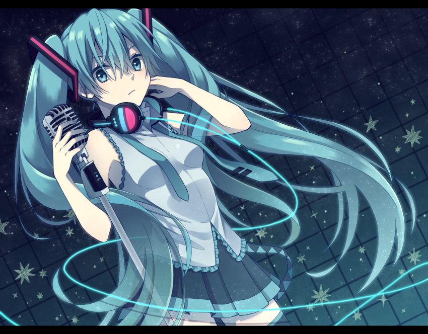 1girl aqua_eyes aqua_hair aqua_nails aqua_neckwear bare_shoulders belt black_legwear black_skirt breasts cable commentary cowboy_shot expressionless hair_ornament hand_in_hair hatsune_miku headphones headphones_around_neck highres holding holding_microphone long_hair looking_to_the_side microphone microphone_stand nail_polish necktie shirt skirt sleeveless sleeveless_shirt small_breasts solo standing star tamakingx422x thighhighs twintails very_long_hair vocaloid zettai_ryouiki