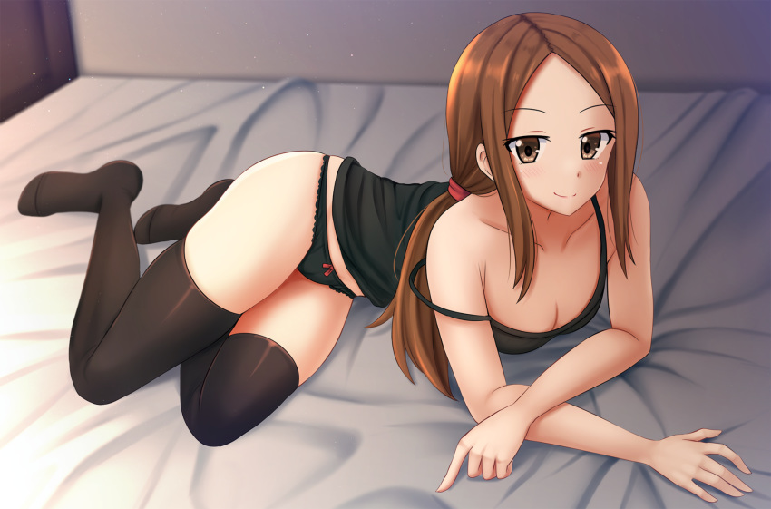 1girl bad_anatomy bangs bare_arms bare_shoulders bed_sheet black_camisole black_legwear black_panties blurry blurry_background blush bow bow_panties breasts brown_eyes brown_hair camisole cleavage closed_mouth collarbone commentary depth_of_field english_commentary eyebrows_visible_through_hair forehead full_body highres indoors karakai_jouzu_no_takagi-san kazenokaze long_hair low_ponytail no_shoes older panties parted_bangs ponytail revision sidelocks small_breasts smile solo strap_slip takagi-san thighhighs underwear underwear_only