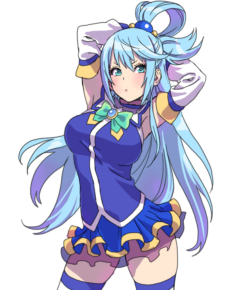 1girl absurdres aqua_(konosuba) aqua_eyes arched_back armpits arms_behind_head arms_up blue_eyes blue_hair blue_legwear blue_shirt blue_skirt blush bow breasts commentary_request cowboy_shot detached_sleeves green_bow hair_ornament hair_spread_out highres kono_subarashii_sekai_ni_shukufuku_wo! long_hair looking_at_viewer medium_breasts pleated_skirt see-through shiny shiny_hair shirt simple_background skirt solo thighhighs very_long_hair white_background yamashita_shun'ya